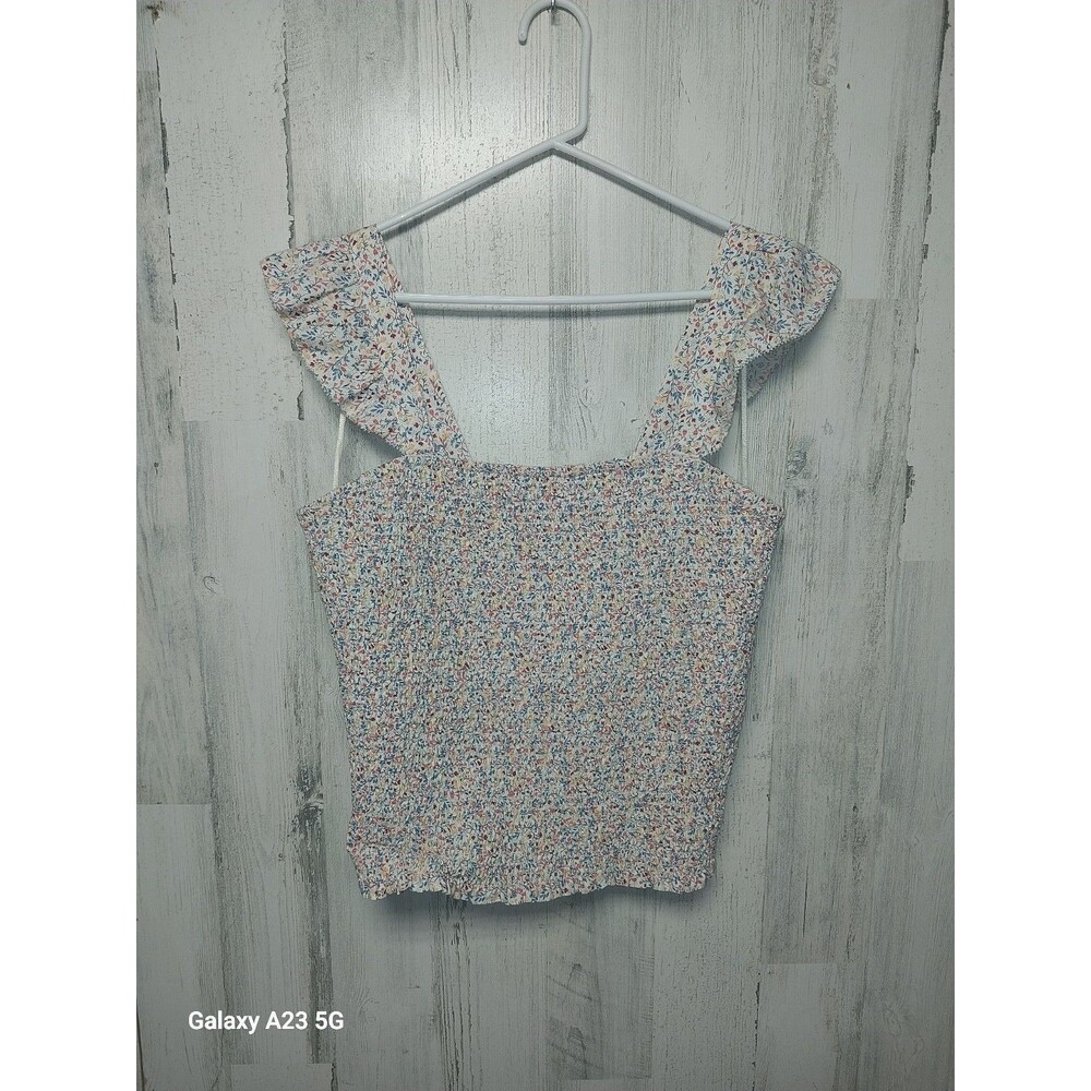 OLD NAVY RUCHED STRETCH BODICE FLORAL CROPPED FLUTTER SLEEVE BLOUSE TOP Large